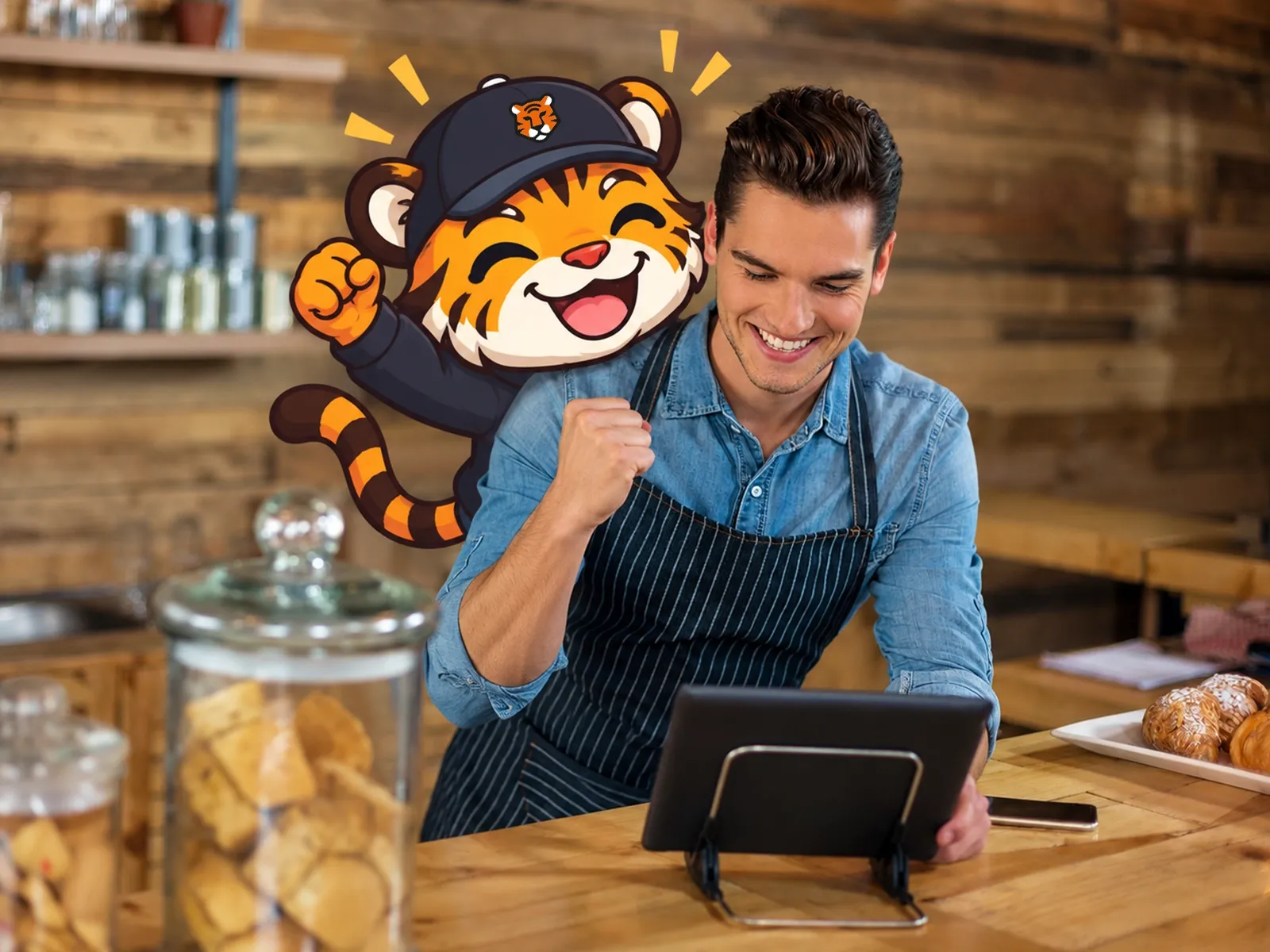 Be Hungry mascot celebrating with a restaurant owner using a digital ordering tablet