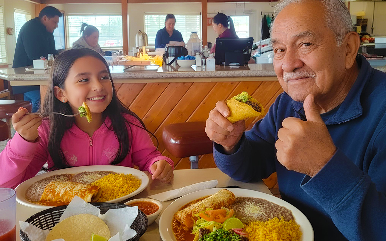 Little Girl and her grampa having a tasty mexican foot at el Jacalito