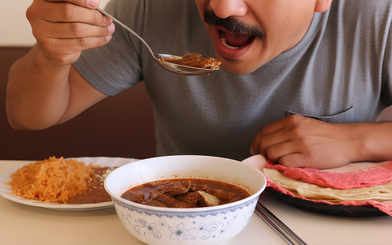 Man having a spoon full of tasty Birria with tortillas and a side of rice and beans