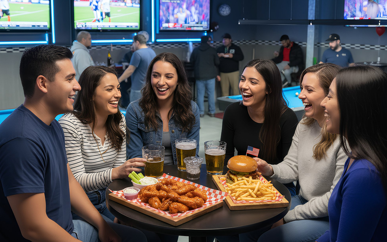 Group of friends having fun at Pancho's sport bar while having a drink with wings