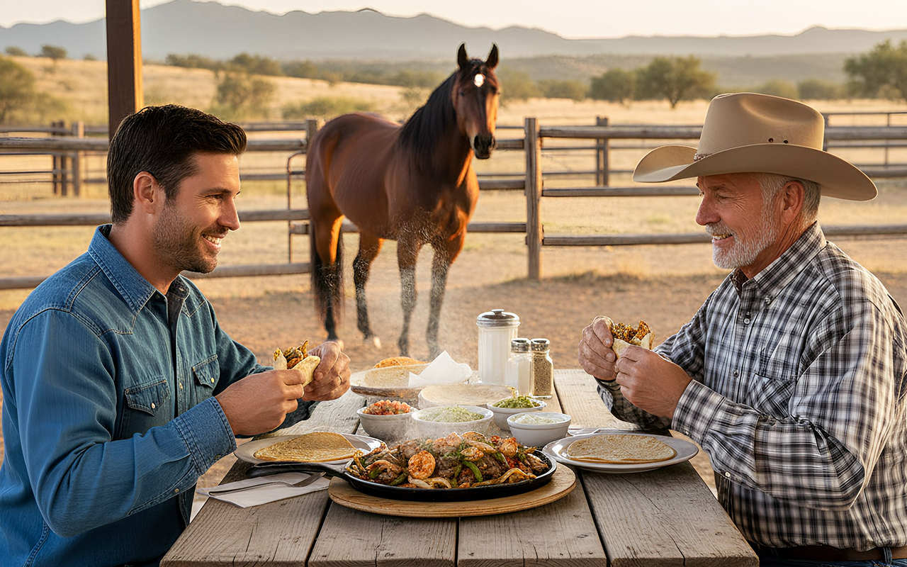 Father and son having a mixed fajitas from los Potros Restaurant