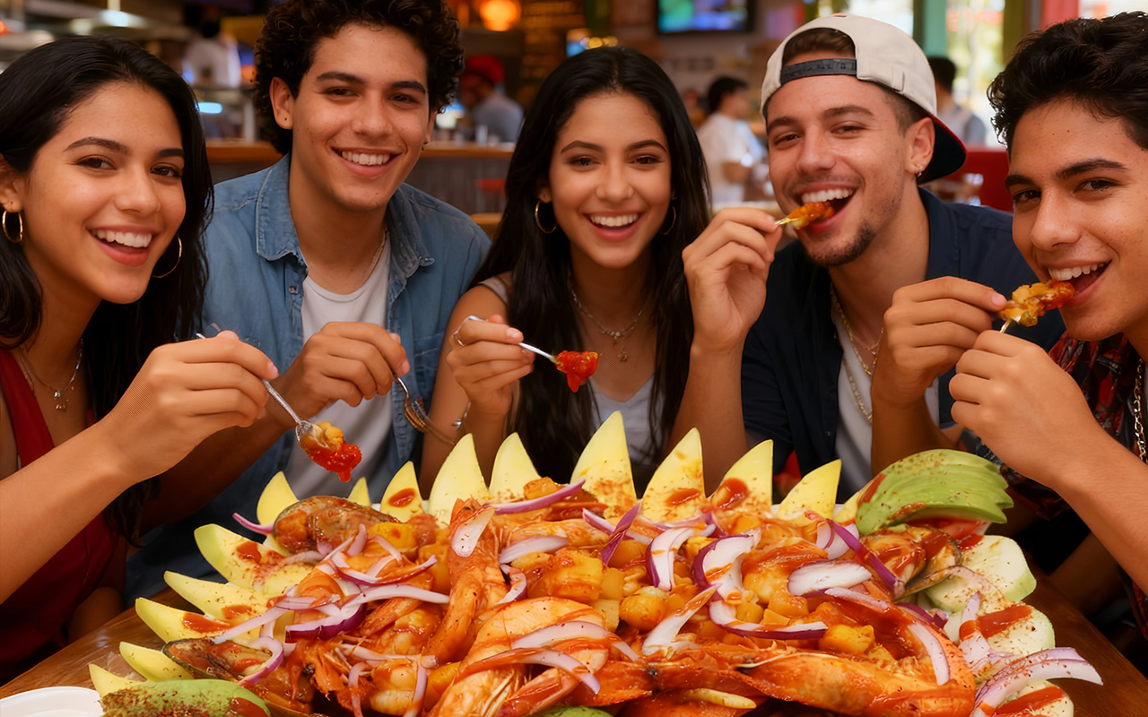 Group of young people eating a tequilas botanero super botana