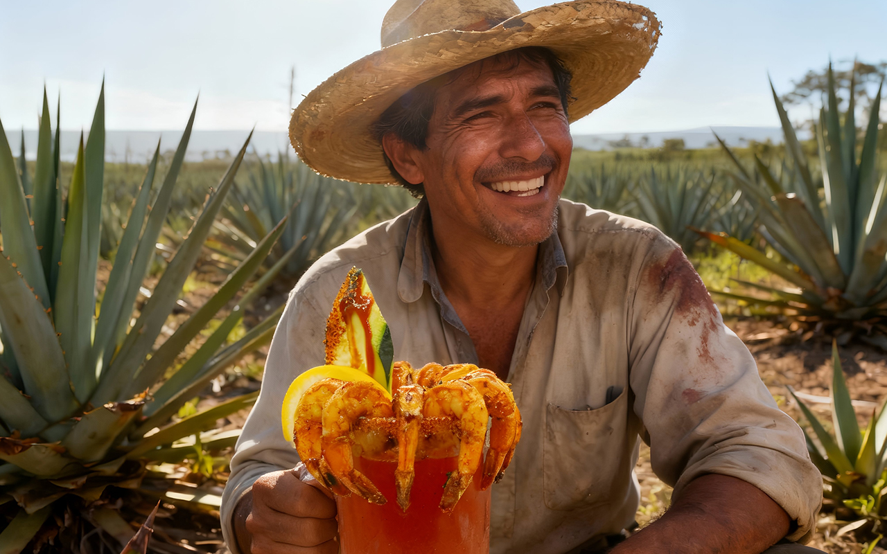 Man working the field with a super michelada from Tequilas Taqueria