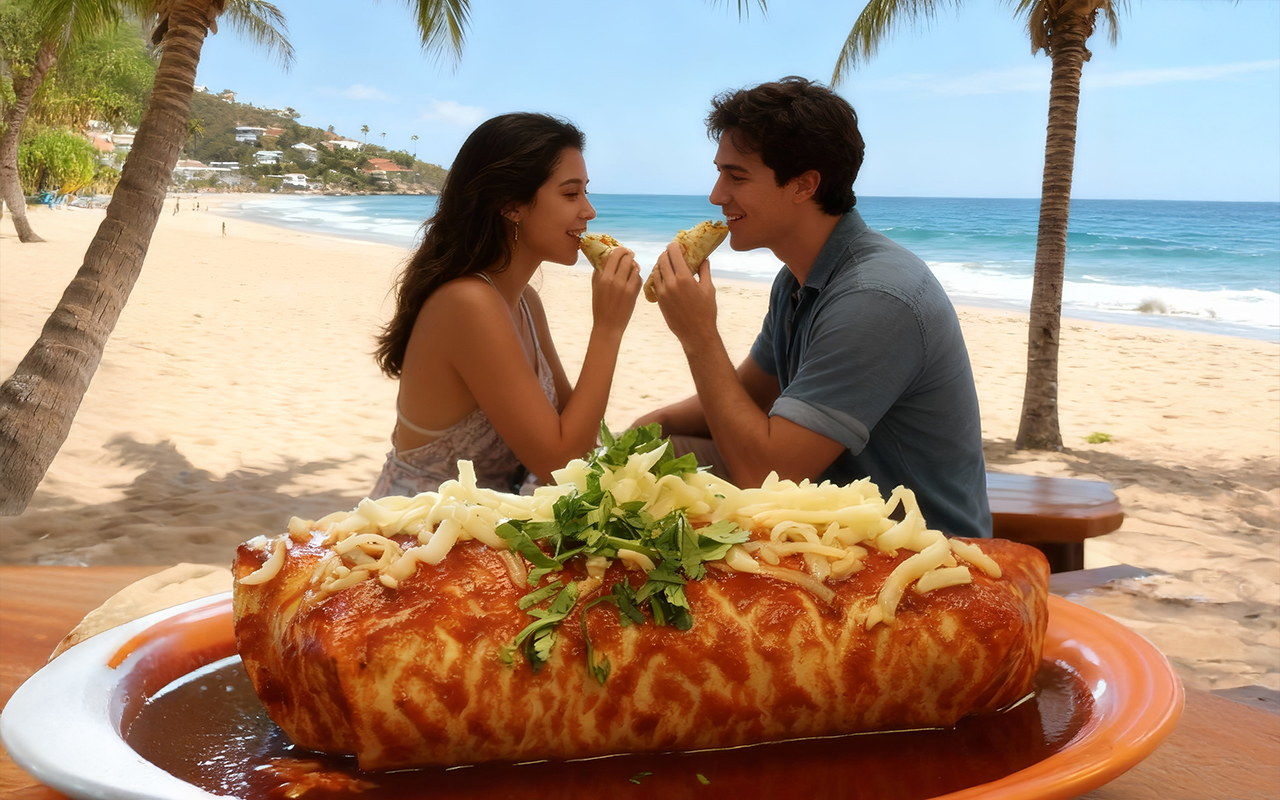 Young couple having a tasty burrito from Vallarta Mexican Food